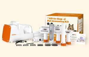 Rechargeable dog grooming kit with hair vacuum and trimming tools