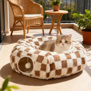 Donut tunnel bed with interactive ball and washable cushion for cats
