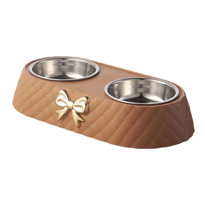 Bow-tie double feeding bowl with stainless steel bowls for dogs and cats