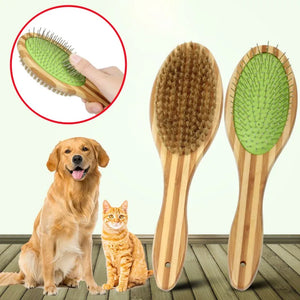 Double-sided bamboo grooming brush for dog coat care