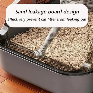 Semi-enclosed cat litter tray with high sides for indoor use