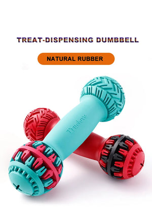 Two treat-dispensing dumbbells with red and blue design on a white background, branded as Truelove.