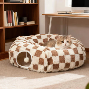 Donut tunnel bed with interactive ball and washable cushion for cats