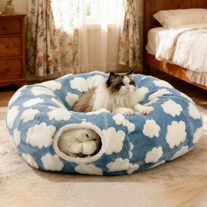 Donut tunnel bed with interactive ball and washable cushion for cats