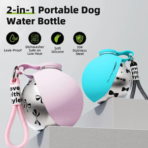 Leak-proof stainless steel water bottle with bowl attachment for dogs