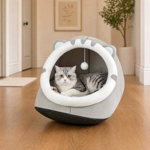 Cosy plush cat cave bed with removable washable cushion