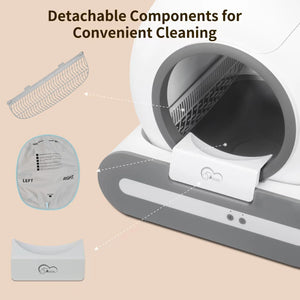CleanPaws self-cleaning litter box — detachable cleaning components (filter, trap, brush)