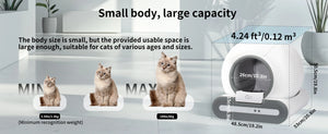 Pet product with text about small body, large capacity and dimensions.