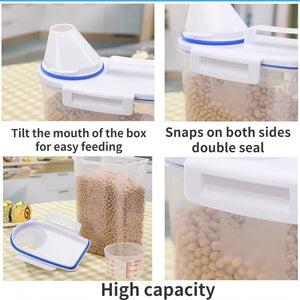Airtight pet food storage container with measuring scoop for dogs and cats