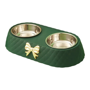 Bow-tie double feeding bowl with stainless steel bowls for dogs and cats