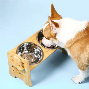 Adjustable wooden bowl stand with steel bowls for small dogs and cats
