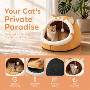 Cosy plush cat cave bed with removable washable cushion