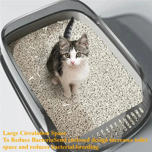 Semi-enclosed cat litter tray with high sides for indoor use