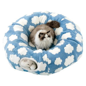 Donut tunnel bed with interactive ball and washable cushion for cats