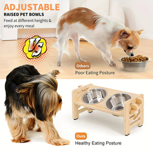 Adjustable wooden bowl stand with steel bowls for small dogs and cats