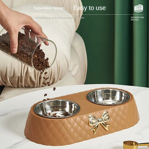 Bow-tie double feeding bowl with stainless steel bowls for dogs and cats