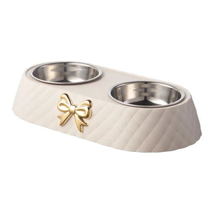Bow-tie double feeding bowl with stainless steel bowls for dogs and cats