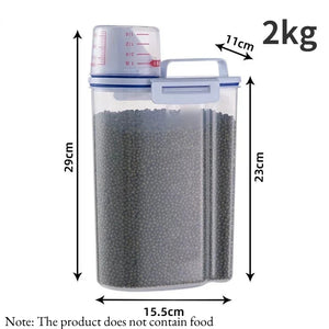 Airtight pet food storage container with measuring scoop for dogs and cats