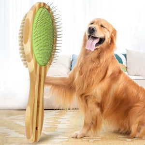 Double-sided bamboo grooming brush for dog coat care