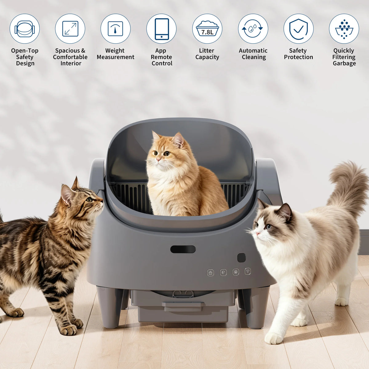 Self-cleaning open-top litter box with app control for cats