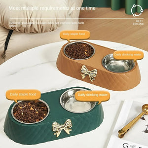 Bow-tie double feeding bowl with stainless steel bowls for dogs and cats