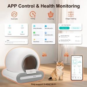 Smart pet litter box with app control and health monitoring features, including a cat and smartphone interface.
