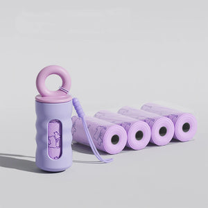 Twist-lock waste bag dispenser with leash attachment strap for dogs
