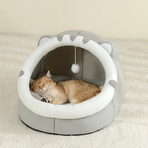 Cosy plush cat cave bed with removable washable cushion