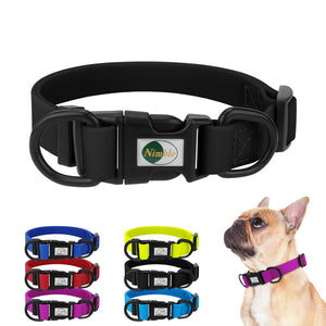Black dog collar with a Nimble logo, shown on a white background with additional collars in various colors.