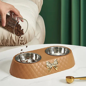Bow-tie double feeding bowl with stainless steel bowls for dogs and cats