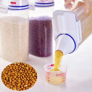 Airtight pet food storage container with measuring scoop for dogs and cats