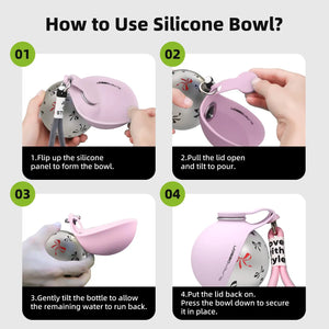 Leak-proof stainless steel water bottle with bowl attachment for dogs