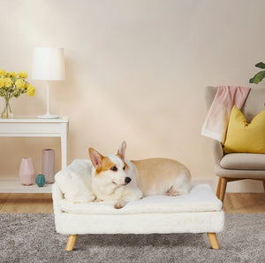 Elevated Nordic-style pet bed with wood legs for small dogs and cats