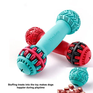 Colorful dog toy dumbbells with textured surface and 'Truelove' branding on a white background.