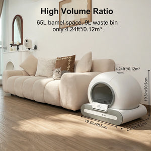 A smart cat litter box shown in a living room next to a beige sofa, with overlaid dimensions and text stating 65L bamel space, 9L waste bin, and 4.24ft²/0.