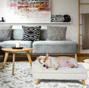 Elevated Nordic-style pet bed with wood legs for small dogs and cats