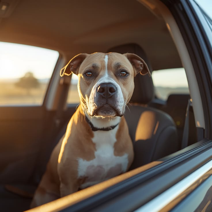 Dog secured with a car seat belt harness in the back seat, looking calm