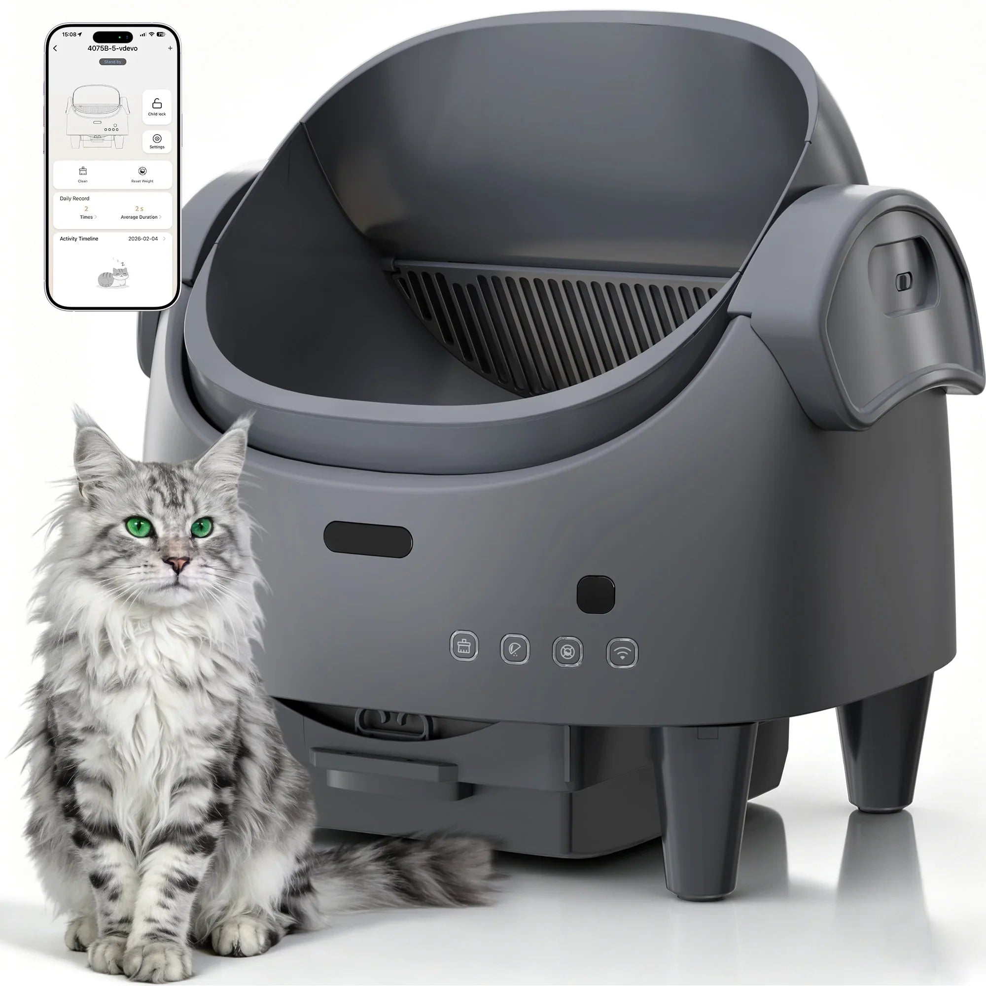 Cat sitting beside a clean self-cleaning litter box