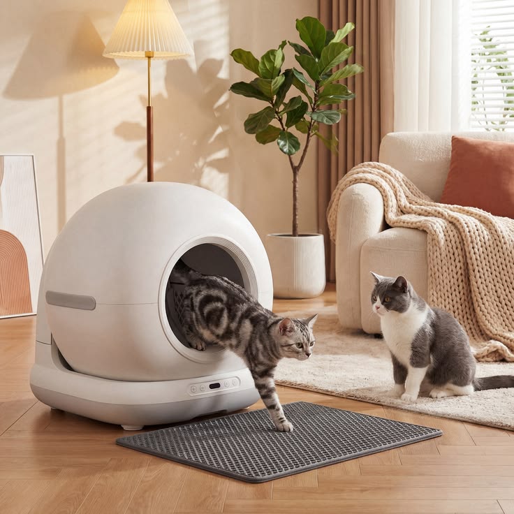 Cat sitting beside a clean self-cleaning litter box
