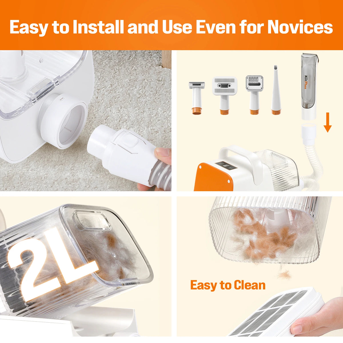 Rechargeable dog grooming kit with hair vacuum and trimming tools