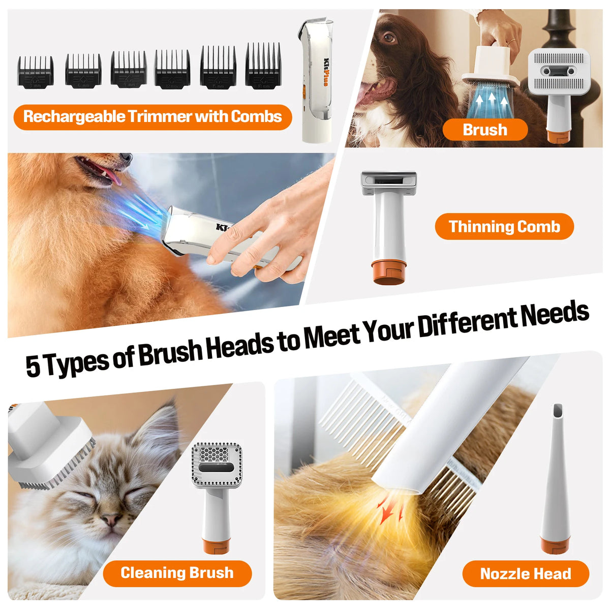 Rechargeable dog grooming kit with hair vacuum and trimming tools
