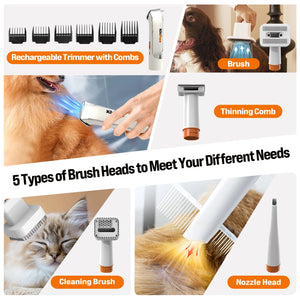 Rechargeable dog grooming kit with hair vacuum and trimming tools