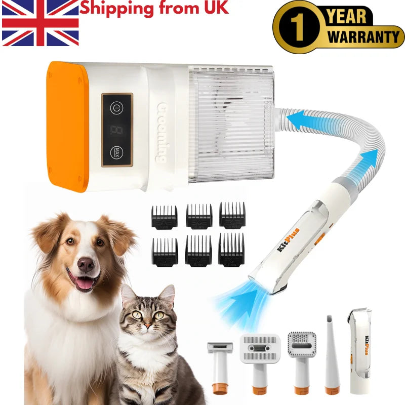 Rechargeable dog grooming kit with hair vacuum and trimming tools