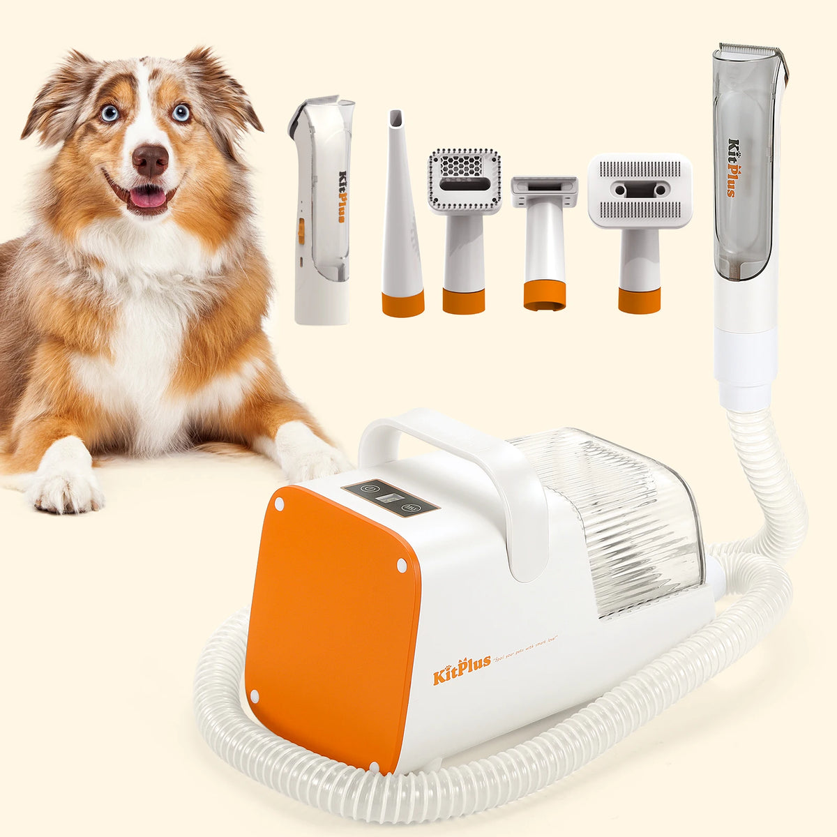 Rechargeable dog grooming kit with hair vacuum and trimming tools