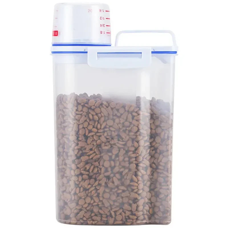 Airtight pet food storage container with measuring scoop for dogs and cats