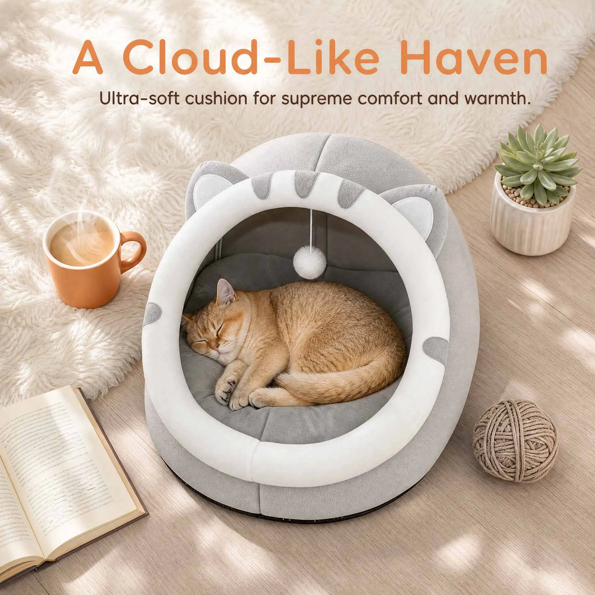 Cosy plush cat cave bed with removable washable cushion