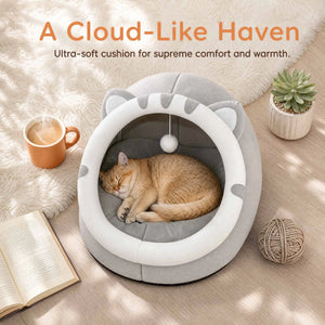 Cosy plush cat cave bed with removable washable cushion