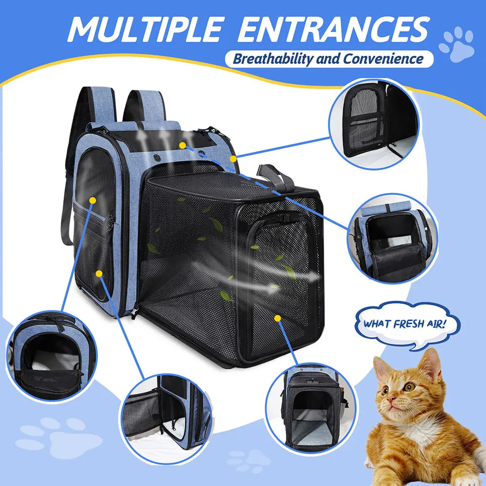 Expandable mesh backpack pet carrier for cats and small dogs