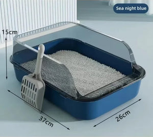 Semi-enclosed cat litter tray with high sides for indoor use