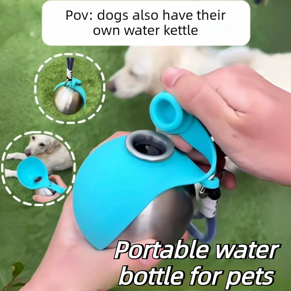 Stainless steel dog water bottle with built-in silicone bowl